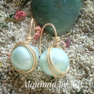 STATEMENT + TEAL AND GOLD + PEARL DANGLES